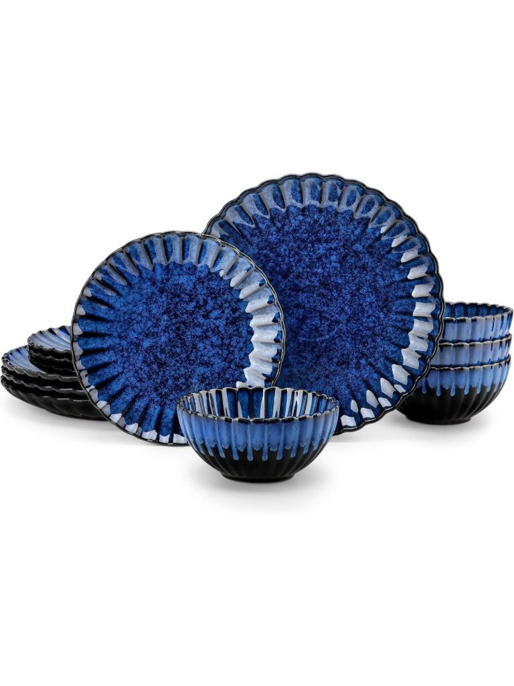 Blue 12 Pieces Plates and Bowls Microwave Dishwasher Safe Ceramic Dinnerware Set